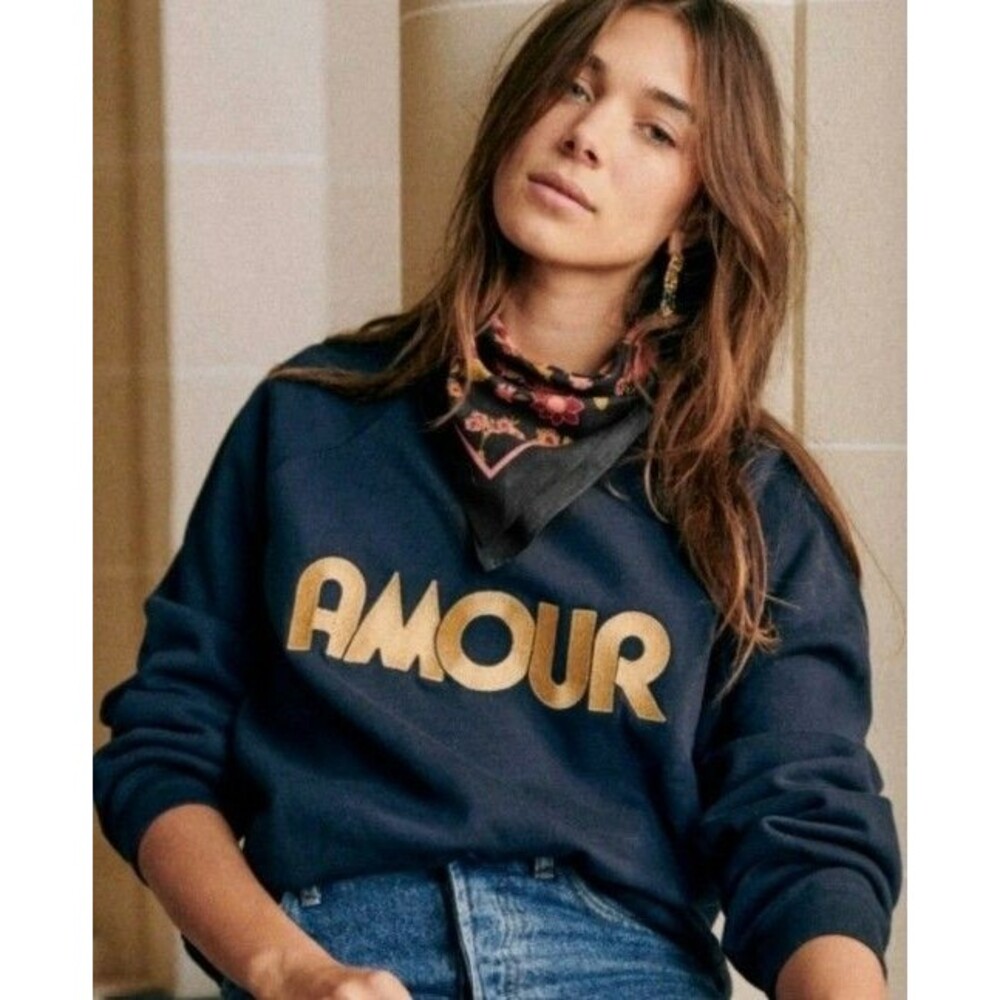 Sezane Amour Sweatshirt S Navy Blue Gold Embroidered Cotton Parisian Chic Top